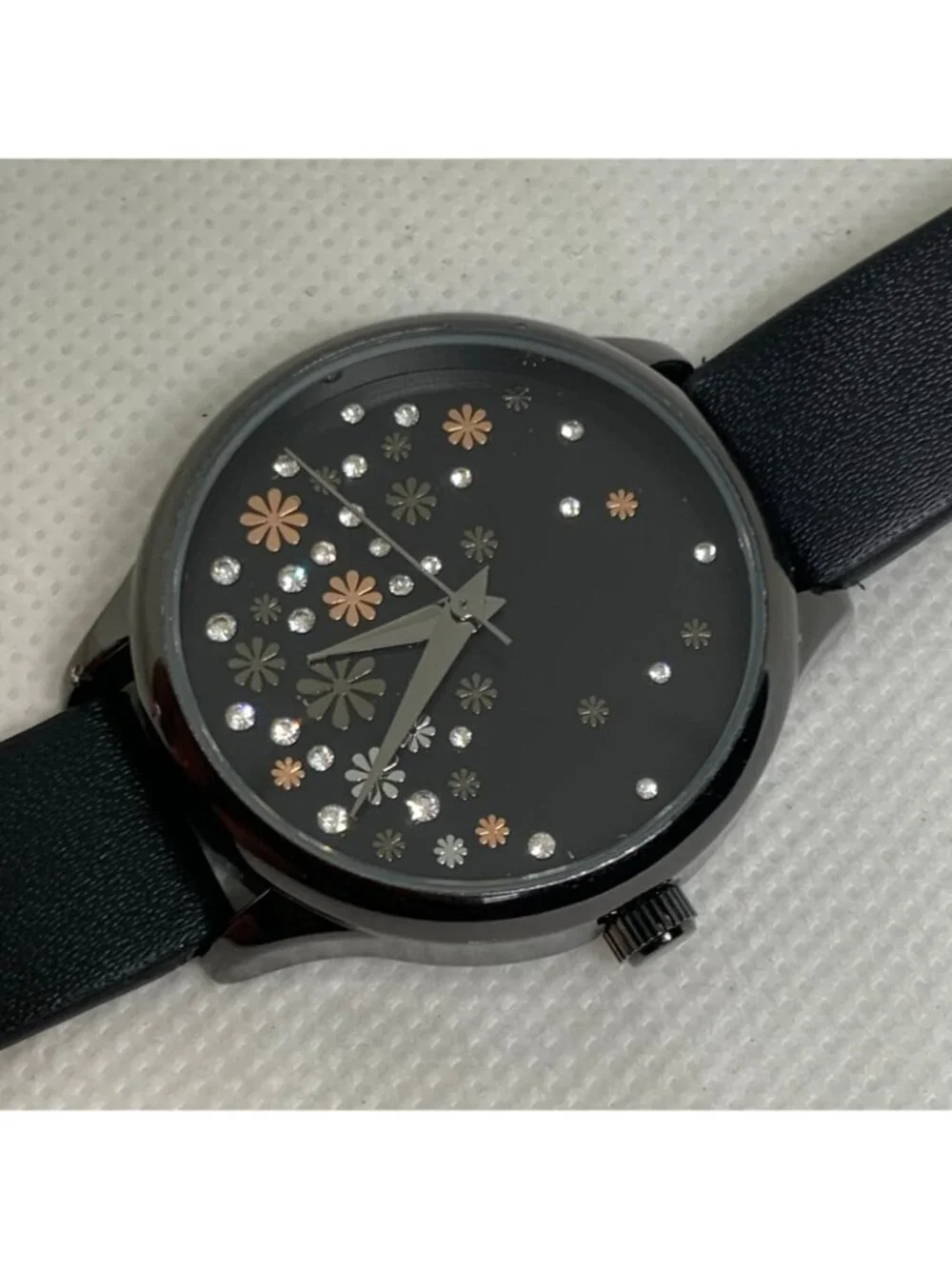 FMD women’s quartz watch black tone 33mm floral dial black leather running